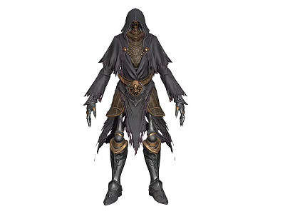 Hooded Skeleton Warrior As Mystical Undead Creature With Black Tattered Robe And Golden Accents 3d model