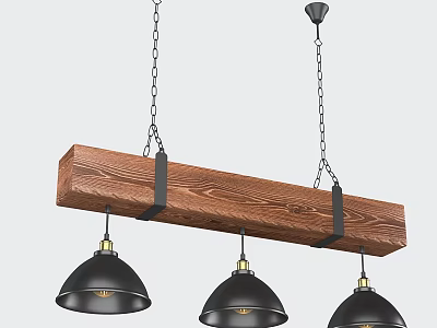 Rustic Industrial Wooden Beam Pendant Light With Black Shades And Metal Chains For Dining Space 3d model