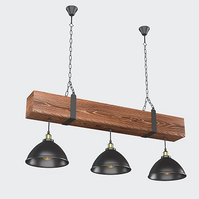 Rustic Industrial Wooden Beam Pendant Light With Black Shades And Metal Chains For Dining Space 3d model