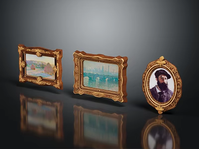 Elegant Golden Carved Decorative Photo Frames With Vintage Art Paintings 3d model
