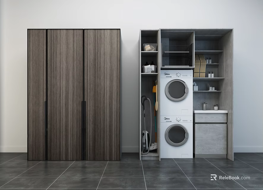 Modern Bathroom Cabinet Rack With Dark Wood Design And White Storage Shelves Units 3d model 