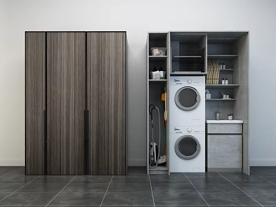 Modern Bathroom Cabinet Rack With Dark Wood Design And White Storage Shelves Units 3d model