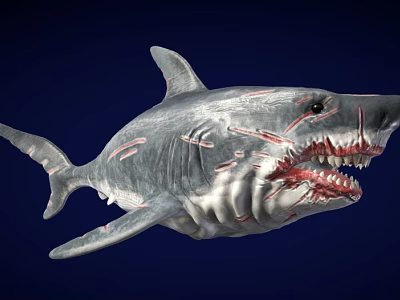Megalodon Shark With Sharp Teeth Red Scars And Gray Body In Deep Blue Background 3d model