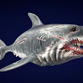 Megalodon Shark With Sharp Teeth Red Scars And Gray Body In Deep Blue Background