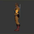 Muscular Blonde Man In Blue Red Outfit With Arm Cuffs And Red Boots