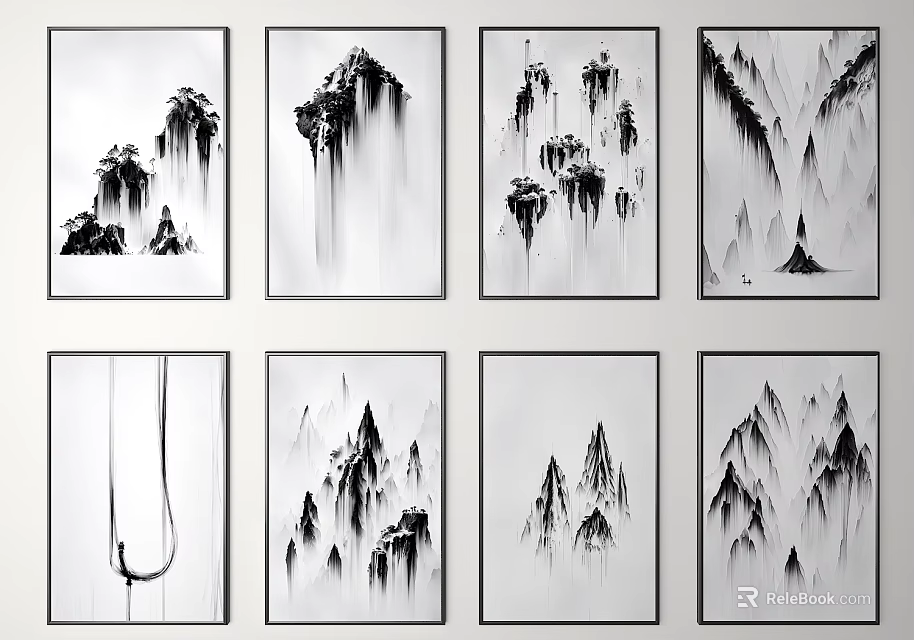 Ink Wash Landscape Paintings with Black and White Mountain Scenery and Cloud Elements 3d model 