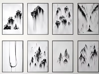 Ink Wash Landscape Paintings with Black and White Mountain Scenery and Cloud Elements 3d model