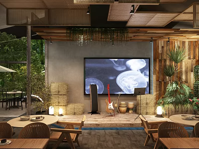 Rustic Restaurant Interior With Wooden Ceiling Hanging Green Plants Projection Screen And Wooden Tables 3d model