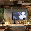 Rustic Restaurant Interior With Wooden Ceiling Hanging Green Plants Projection Screen And Wooden Tables