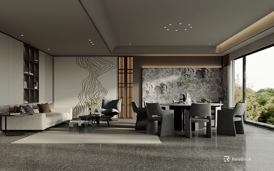 Modern Private Room Interior With Sofa Dining Table Chairs And Decorative Wall 3d model