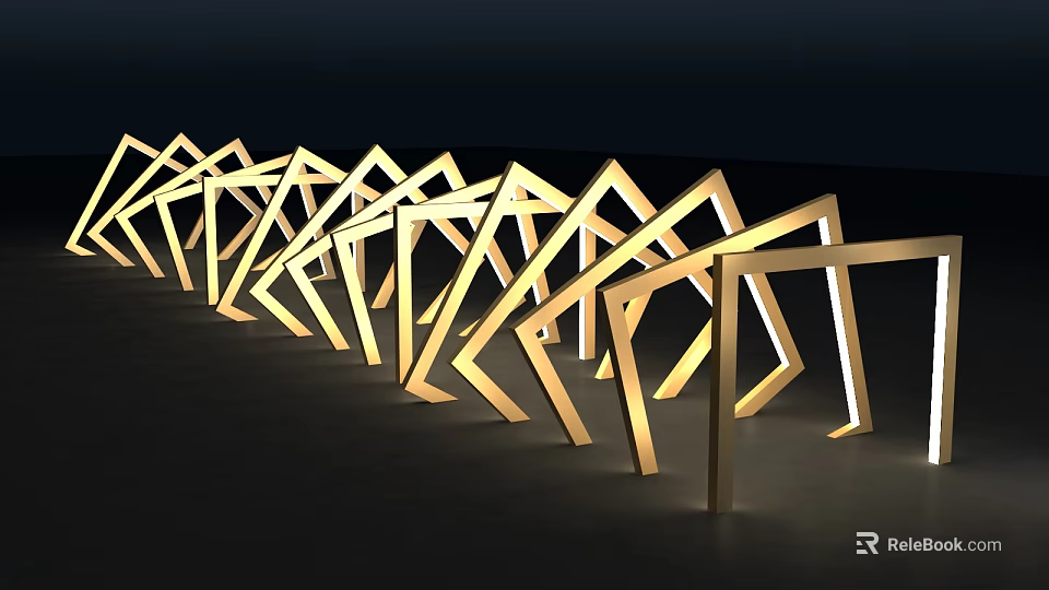 Illuminated Golden Geometric Frames Photo Spot With Continuous Structure And Dark Background 3d model 