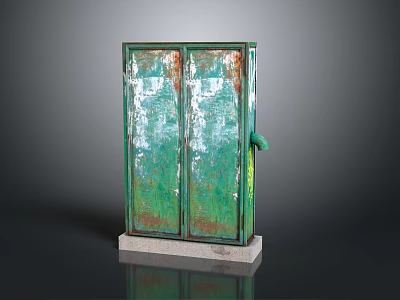 Vintage Computer Cabinet With Green Double Doors Rusted Surface And Stone Base 3d model