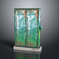Vintage Computer Cabinet With Green Double Doors Rusted Surface And Stone Base