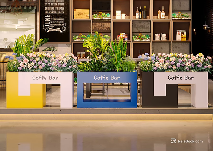 Colorful Coffee Bar Flower Planters Yellow Blue Black With Fresh Flowers And Green Plants 3d model 