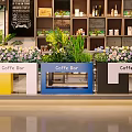 Colorful Coffee Bar Flower Planters Yellow Blue Black With Fresh Flowers And Green Plants