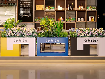 Colorful Coffee Bar Flower Planters Yellow Blue Black With Fresh Flowers And Green Plants 3d model