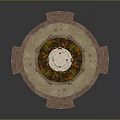 Architectural Tiered Fountain Structure With Circular Base Colorful Mosaic Floor Surrounding Steps And Decorative Lights
