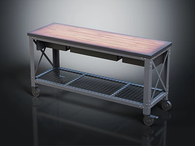 Sturdy Workbench With Metal Frame Wooden Top Drawers Wire Shelf And Wheels 3d model