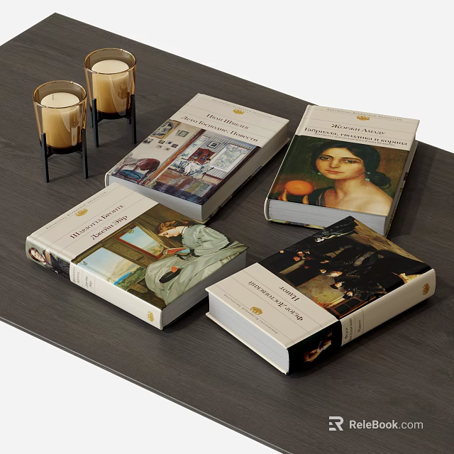 Art Themed Hardcover Books With Painting Covers On Wooden Table And Decorative Candles 3d model 