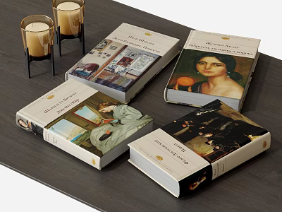 Art Themed Hardcover Books With Painting Covers On Wooden Table And Decorative Candles 3d model