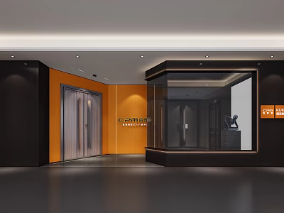 Modern Designer Boutique With Orange Wall Glass Display Window And Entrance Door 3d model