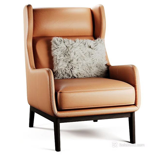 Modern Brown Leather Armchair With Soft Furry Pillow And Sturdy Wooden Legs Design 3d model 