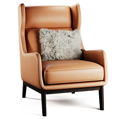 Modern Brown Leather Armchair With Soft Furry Pillow And Sturdy Wooden Legs Design 3d model