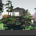 Rockery Stones In Traditional Garden Landscape With Pavilion Pond And Lush Greenery