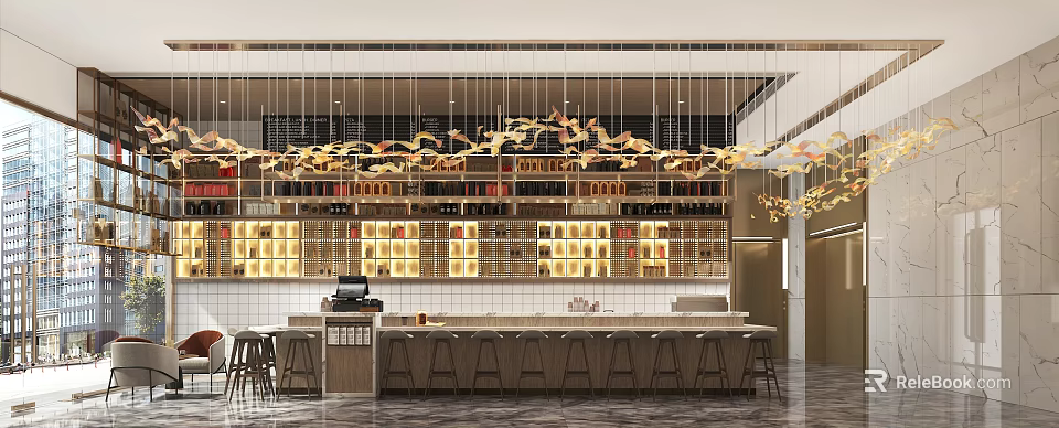 Modern Bubble Tea Shop Interior With Bar Counter High Stools Hanging Pendant Lights And Drinks Shelves 3d model 