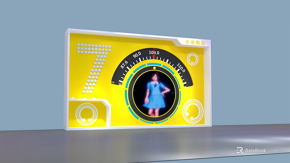 Yellow Display Board With Number 7 SPF Scale And Woman In Blue Dress Live Stream 3d model 