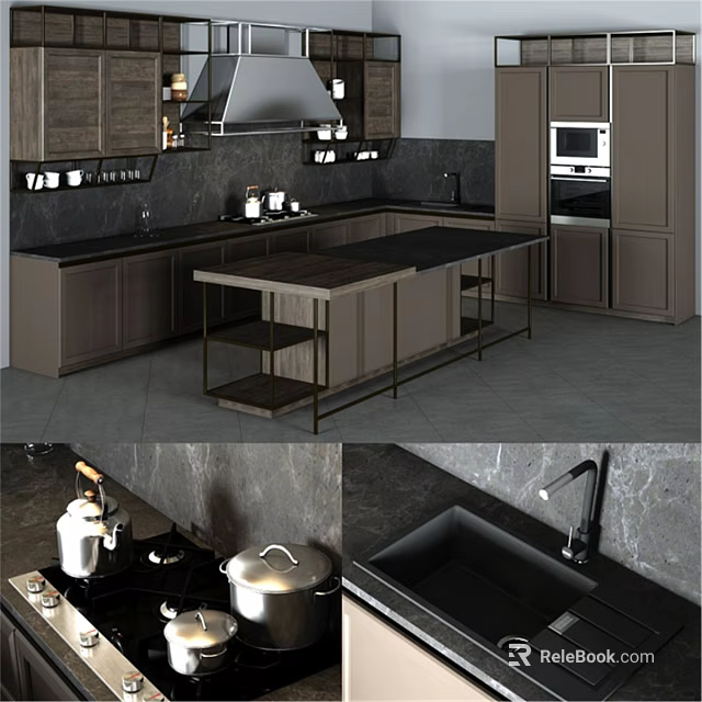 Modern Kitchen Interior With Gray Cabinets Marble Island And Black Countertop Appliances 3d model 