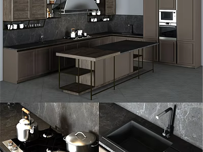 Modern Kitchen Interior With Gray Cabinets Marble Island And Black Countertop Appliances 3d model