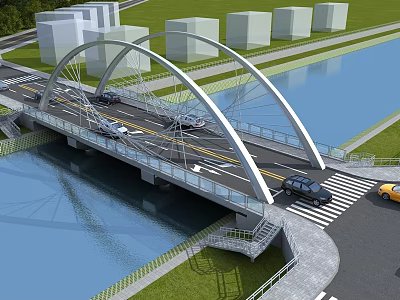 Modern Arch Bridge with Vehicle Lanes Over River Featuring Green Surroundings and Buildings 3d model