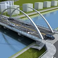 Modern Arch Bridge with Vehicle Lanes Over River Featuring Green Surroundings and Buildings