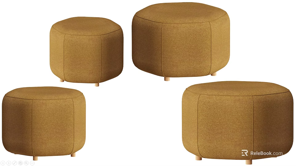 Four Round Brown Upholstered Stools With Wooden Legs And Soft Fabric 3d model 