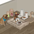 Two Dogs Relaxing on Pet Bed with Food Bags Feeder and Toys