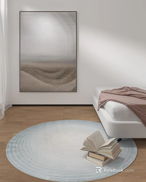 Modern Minimalist Bedroom With Round Rug Light Blue White Circular Pattern Open Book Wooden Floor 3d model 