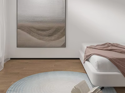 Modern Minimalist Bedroom With Round Rug Light Blue White Circular Pattern Open Book Wooden Floor 3d model