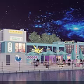 Vibrant Commercial Street at Night with Starry Sky Neon Signs and Waterfront Reflections