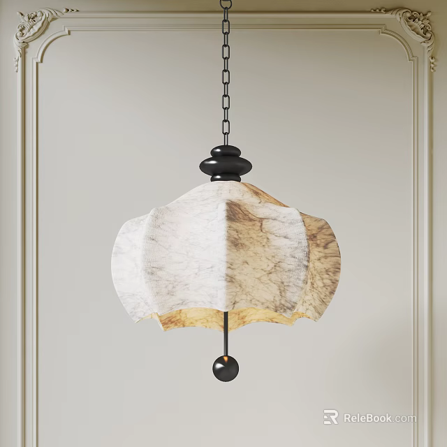 Modern Stylish Pendant Light With Beige Fabric Shade Black Chain And Decorative Ball Hanging 3d model 