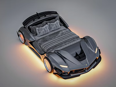 Modern Kids Sports Car Shaped Bed with LED Lights and Gray Cushioned Design 3d model