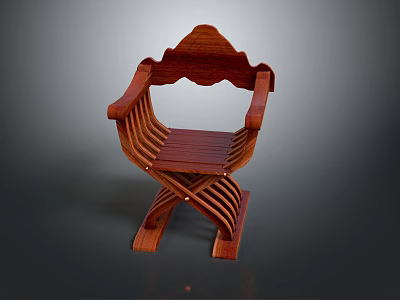 Unique Stylish Wooden Chair With Curved Armrests Striped Seat And Cross Leg Base 3d model