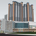 Modern Commercial Complex With High Rise Towers Glass Facade And Retail Storefronts