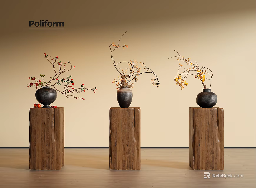 Minimalist Black Vases With Flower Branches Placed On Wooden Pedestals Against Light Wall 3d model 