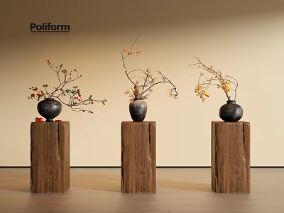 Minimalist Black Vases With Flower Branches Placed On Wooden Pedestals Against Light Wall 3d model