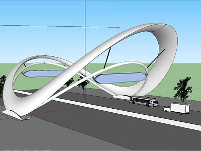 Modern White Arch Architectural Structure Over Road With Vehicles Trees And Blue Sky 3d model