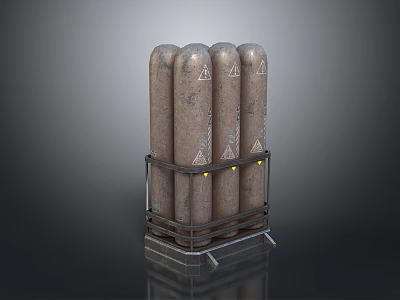 Four Cylindrical Metal Storage Cans On Metal Rack With Warning Signs Worn Surface And Shiny Base 3d model
