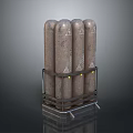 Four Cylindrical Metal Storage Cans On Metal Rack With Warning Signs Worn Surface And Shiny Base