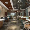 Spacious Hot Pot Restaurant Interior With Wooden Ceiling Pendant Lights Colorful Chairs And Marble Floor