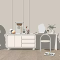 Modern White Dressing Table With Drawers Chair Mirror Vase Green Plant Light Wall Woven Carpet